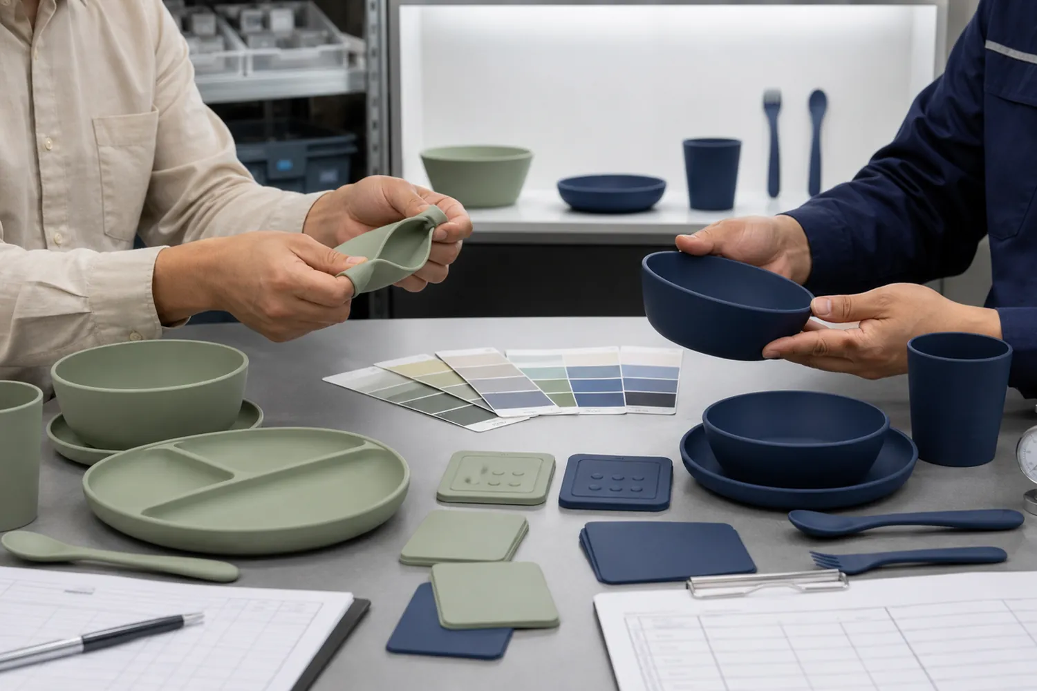 B2B buyer comparing platinum-cured and peroxide-cured silicone tableware samples color finish flexibility and records