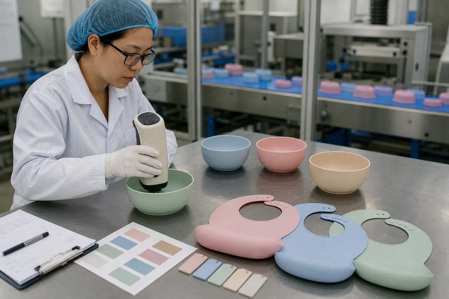 Quality inspector measuring custom silicone tableware color with a spectrophotometer beside approved production samples