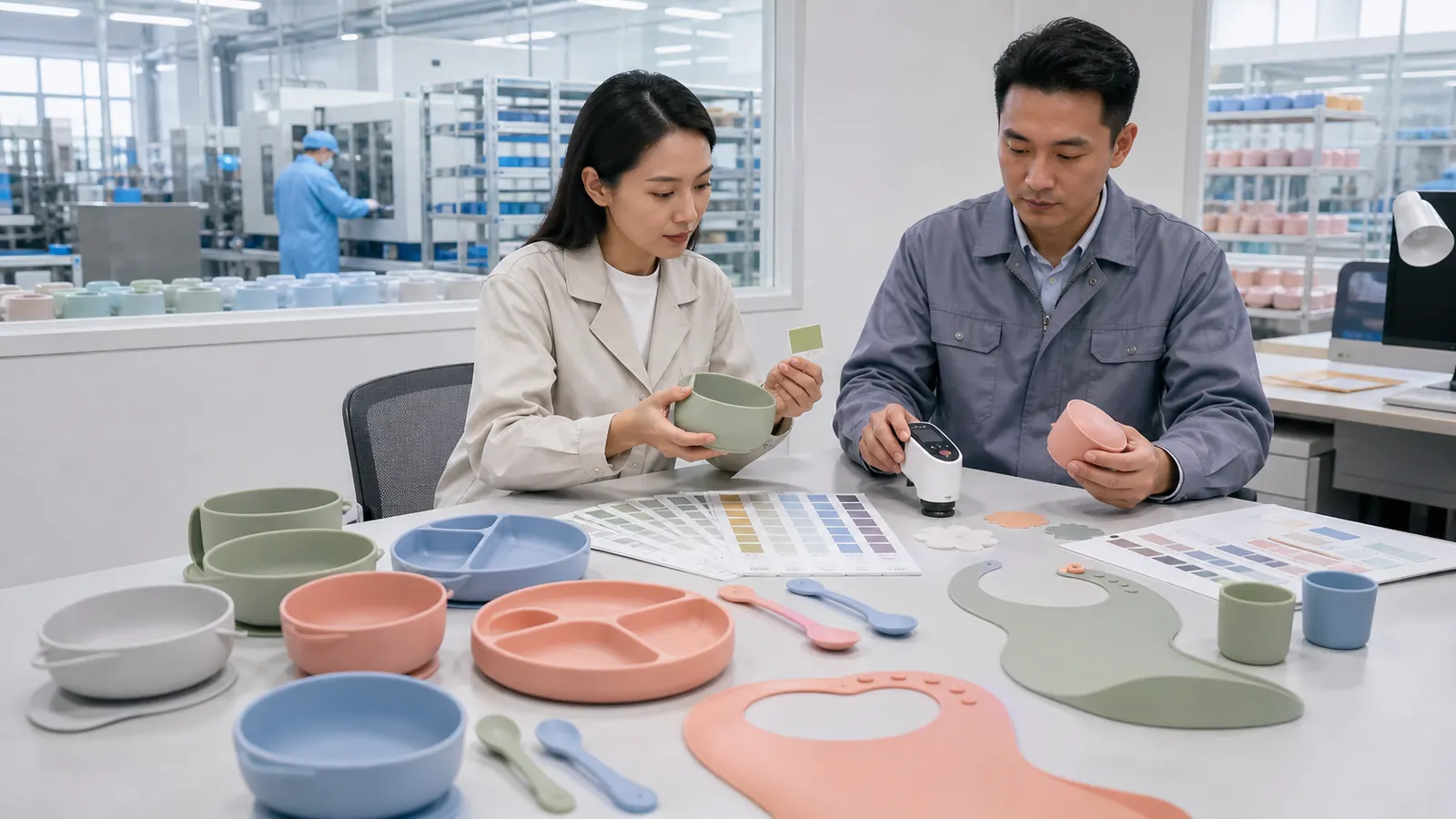 silicone color matching - Color specialist comparing custom silicone baby tableware samples with Pantone references in a production review room