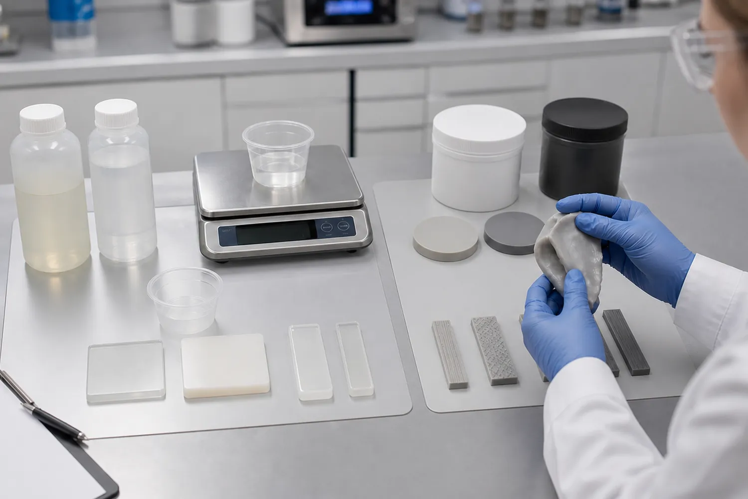 Materials engineer comparing two-component platinum silicone and peroxide-cured high consistency silicone specifications