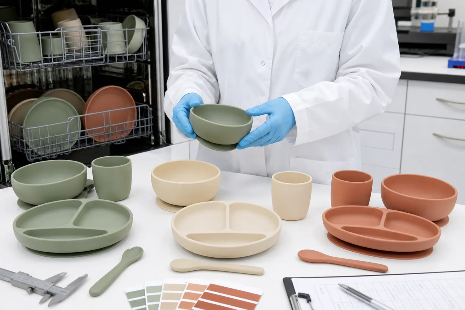 Inspector checking silicone bowls cups and suction plates after repeated dishwasher cleaning cycles