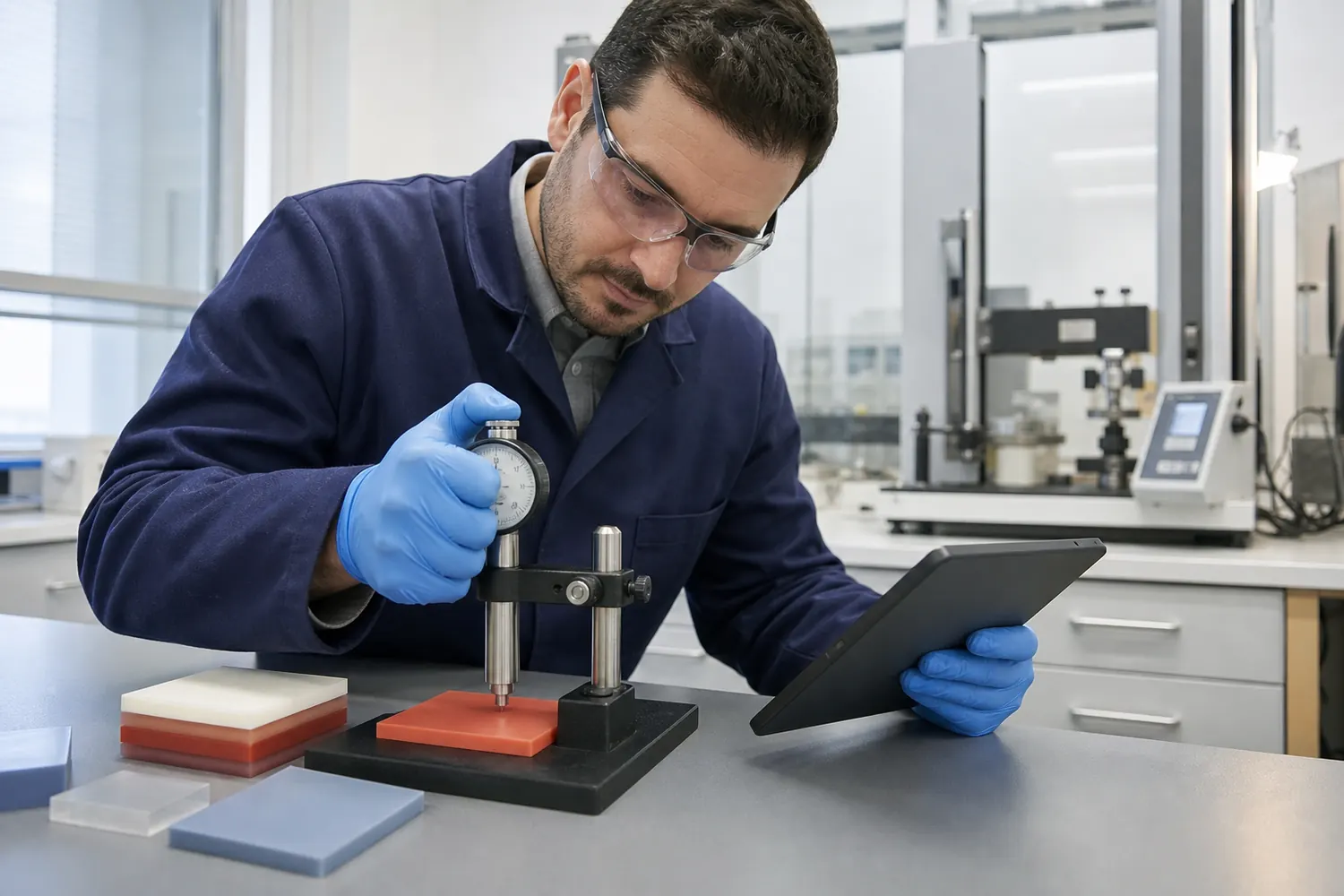 Quality technician measuring Shore A hardness on controlled silicone test specimens with a calibrated durometer