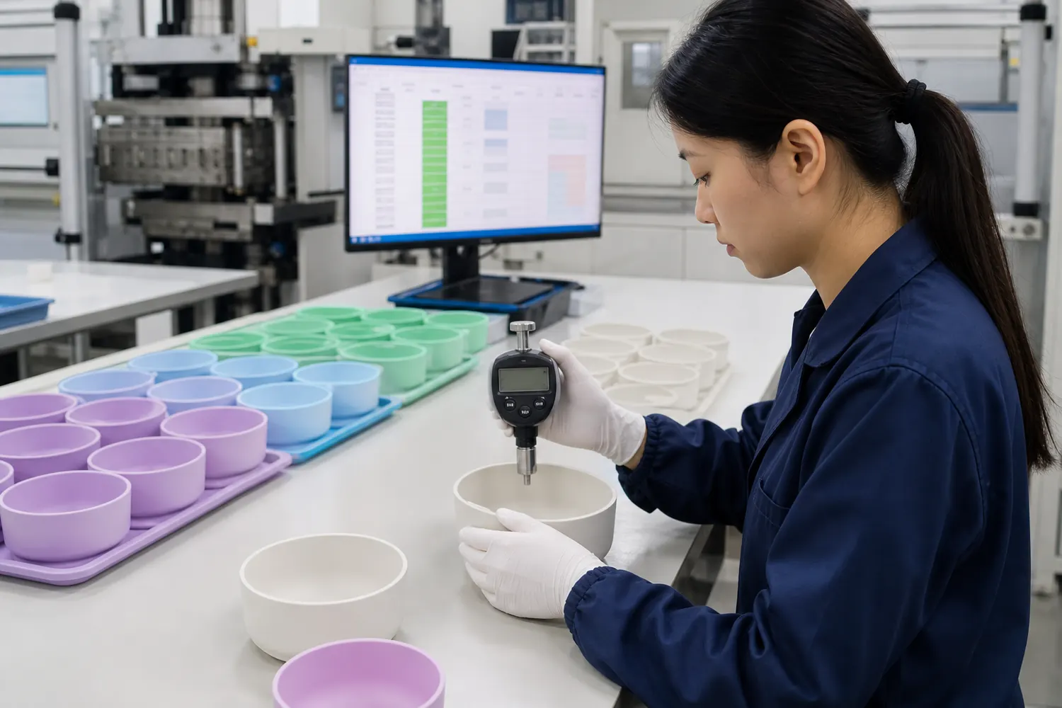 Factory inspector recording Shore hardness readings from multiple silicone tableware production lots and cavities