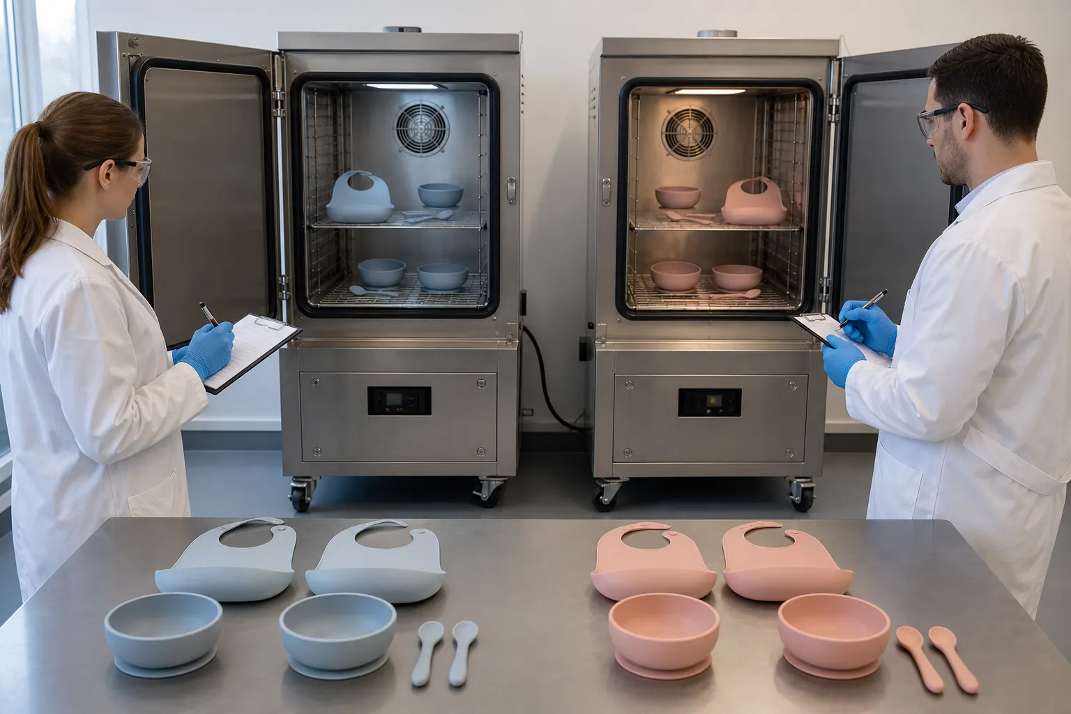Two silicone baby tableware sets undergoing controlled heat conditioning in laboratory chambers
