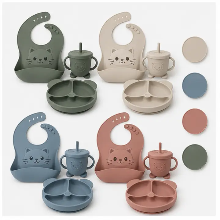 Silicone Kids Tableware & Cutlery Set private label color options for OEM ODM customization