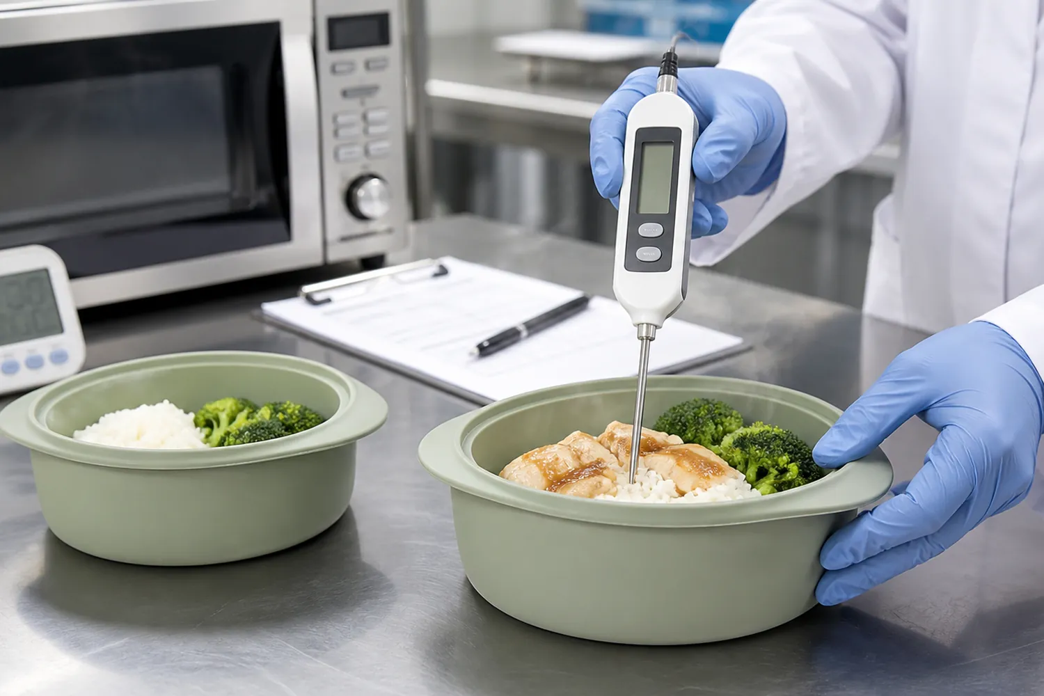 Quality technician measuring food temperature in silicone tableware during a controlled microwave reheating validation