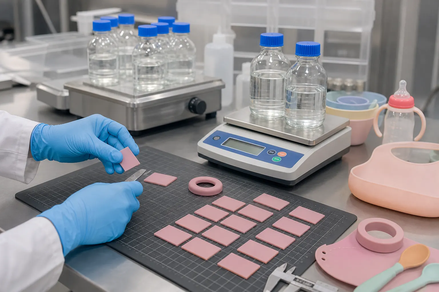 Technician preparing silicone test specimens and food simulant vessels for migration testing