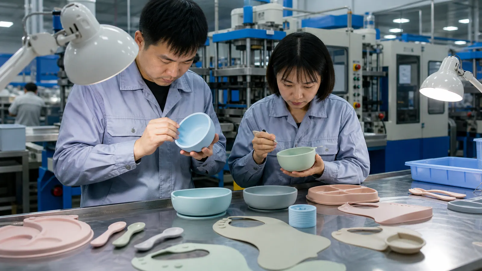 silicone compression molding defects - Quality engineers reviewing molded silicone bowls and feeding products for flash bubbles and incomplete filling at a factory inspection table