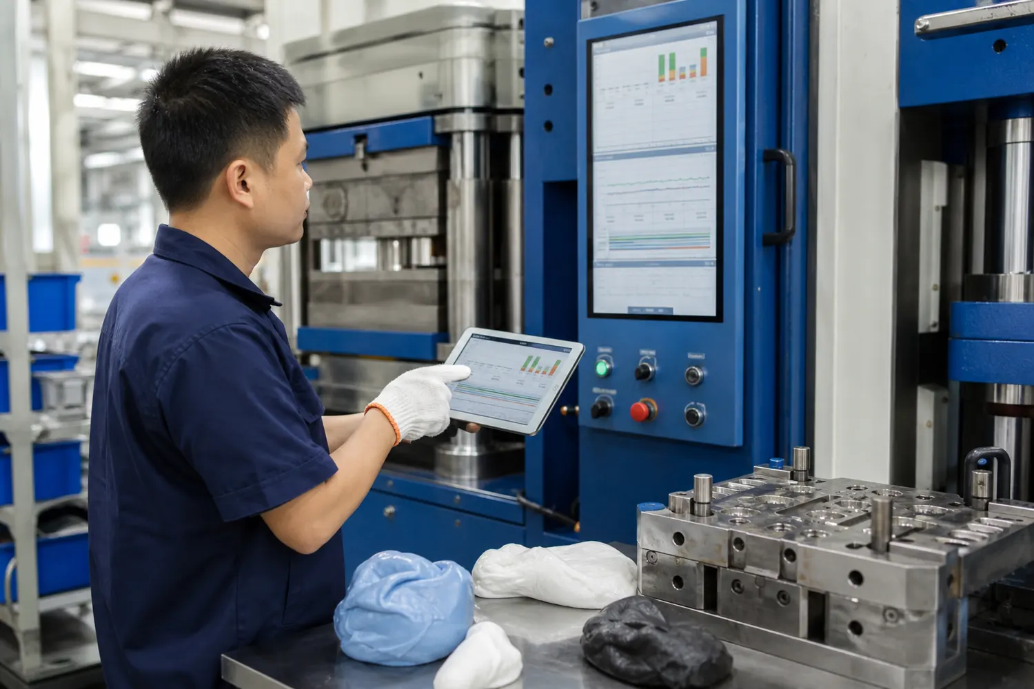 Silicone molding technician reviewing temperature pressure cure time and cavity records beside a compression molding press