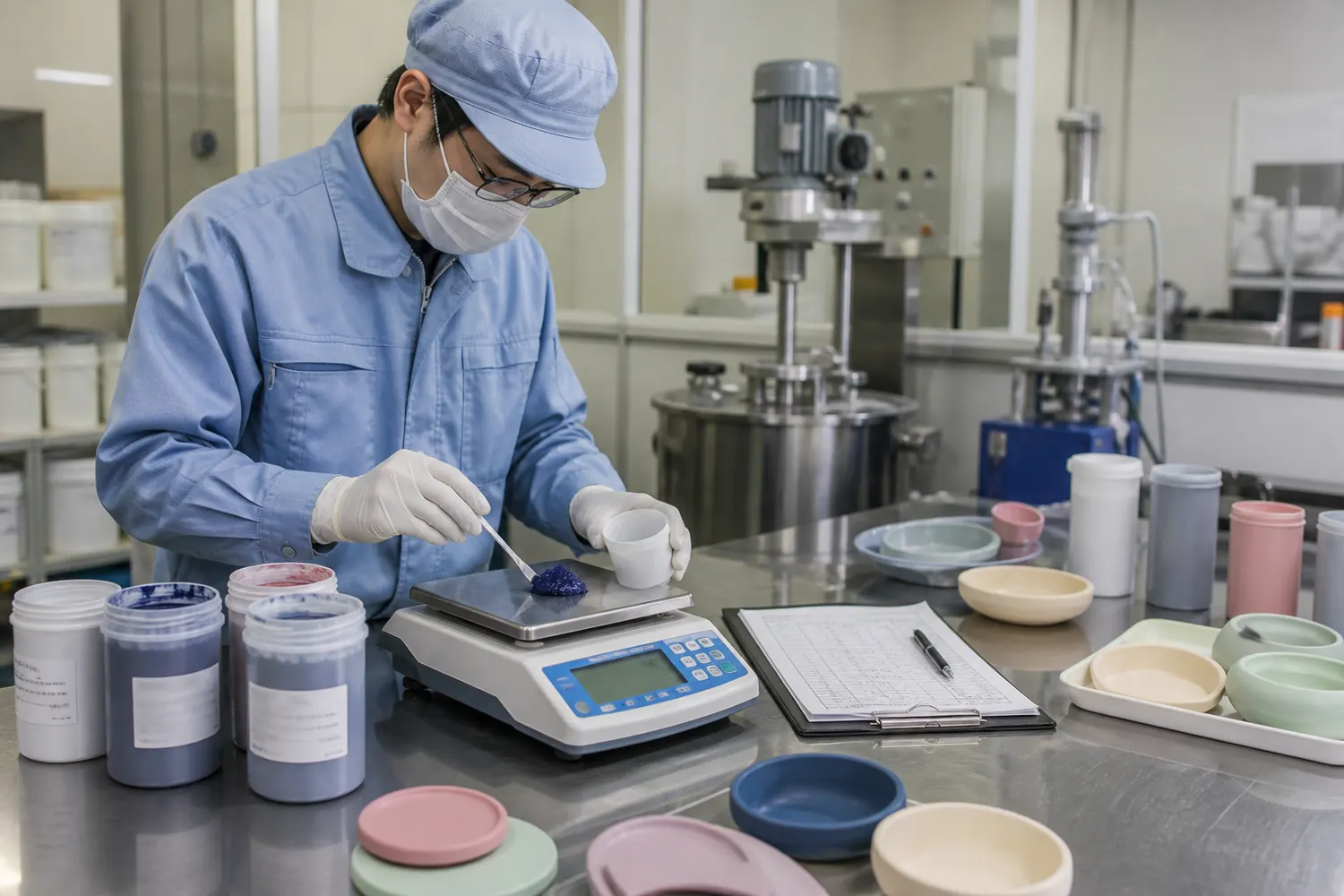 Factory technician weighing silicone pigment masterbatch beside controlled mixing and molding records