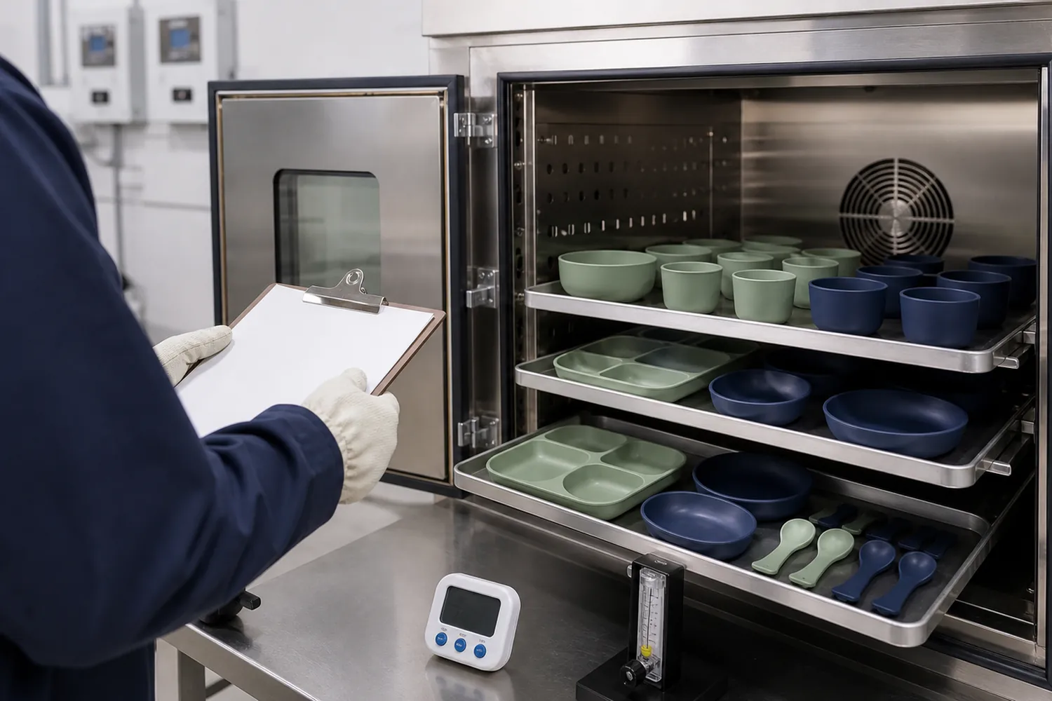 Factory technician documenting silicone post-cure oven time temperature airflow and batch traceability