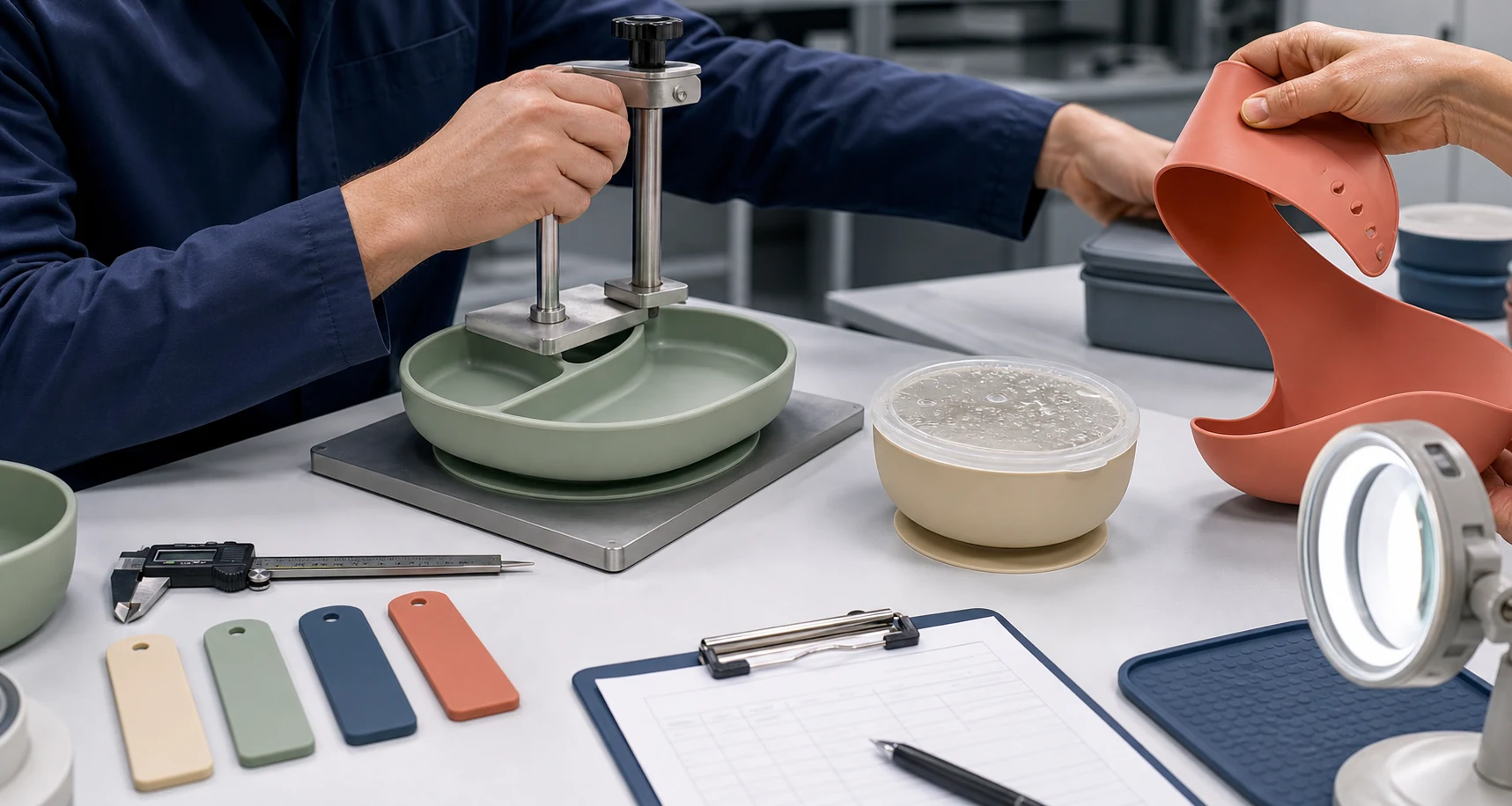 Engineer checks silicone tableware sealing suction flex dimensions surface and color after repeated reuse conditioning