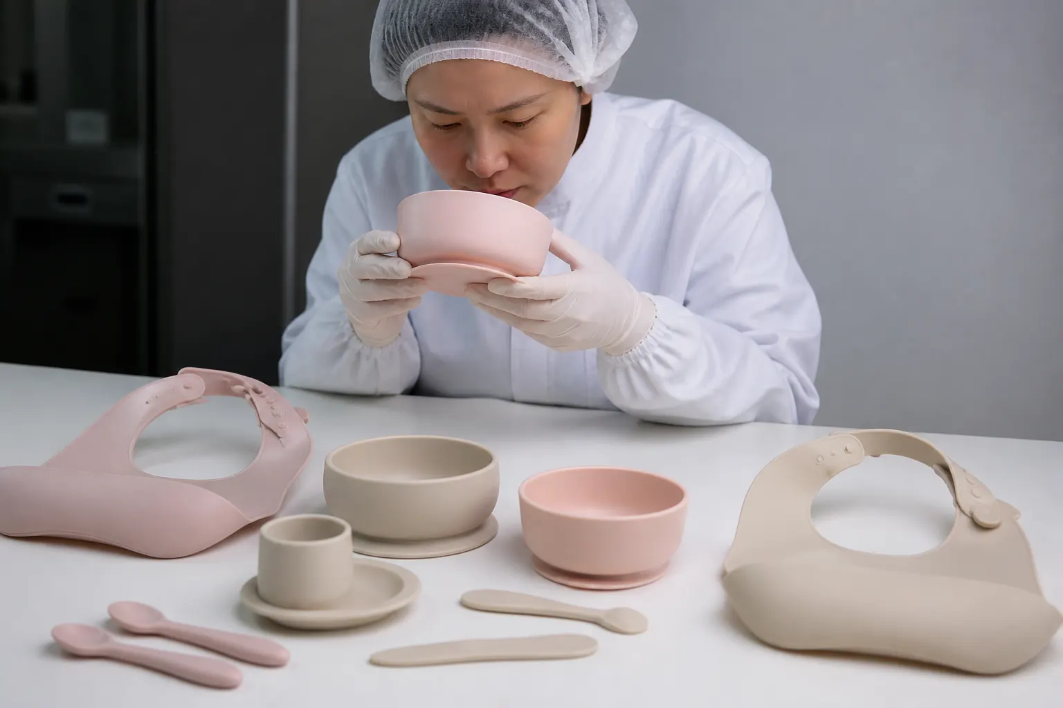 Quality technician checking odor and surface condition of silicone bowls and bibs after laboratory conditioning