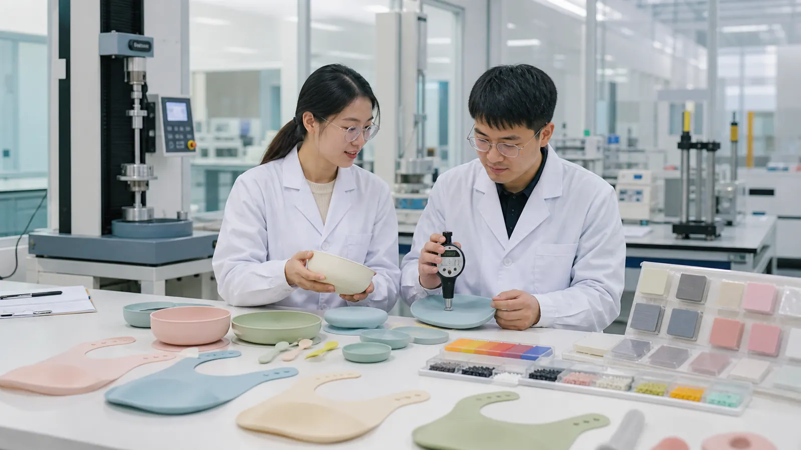 silicone Shore hardness - Material engineer comparing silicone bowls bibs spoons and suction bases with a Shore durometer in a clean factory laboratory