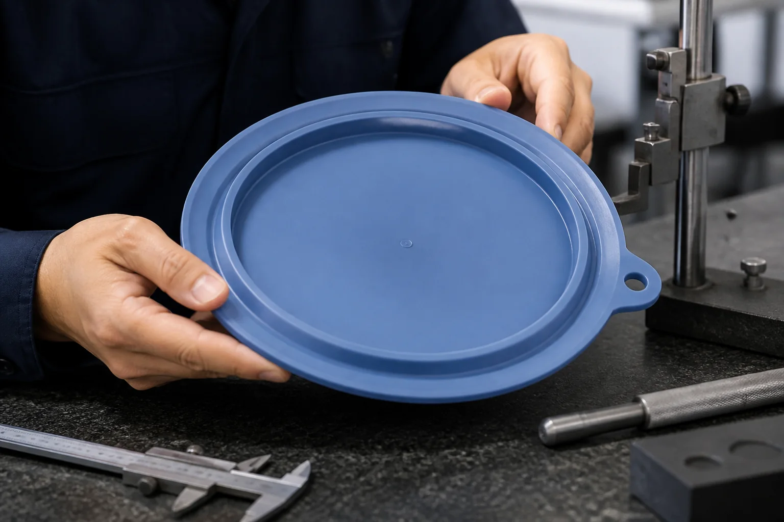 Factory engineer measures suction base diameter lip flatness wall thickness and release tab position