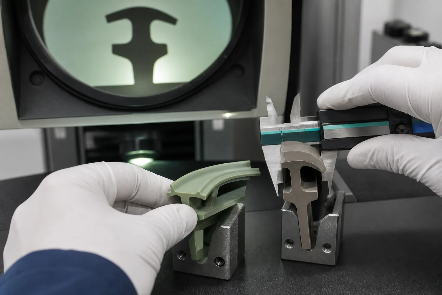 Quality engineer inspects thin and reinforced silicone suction lip cross sections with gauges