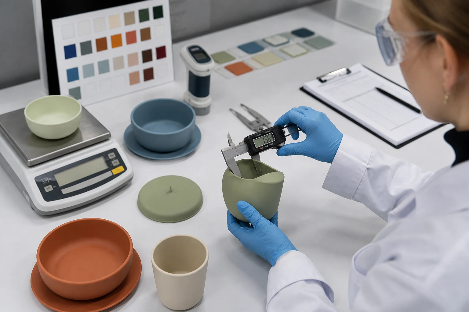 Quality technician records dimensions weight color hardness and function of new silicone tableware samples