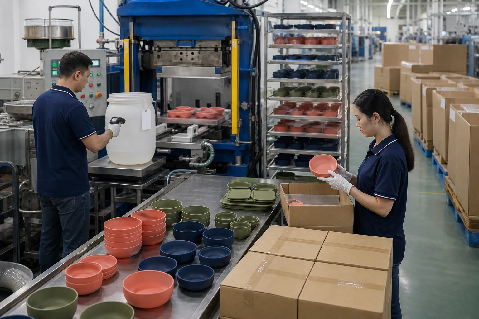 Factory quality team traces approved silicone compound incoming lot molding batch retained sample inspection and export carton