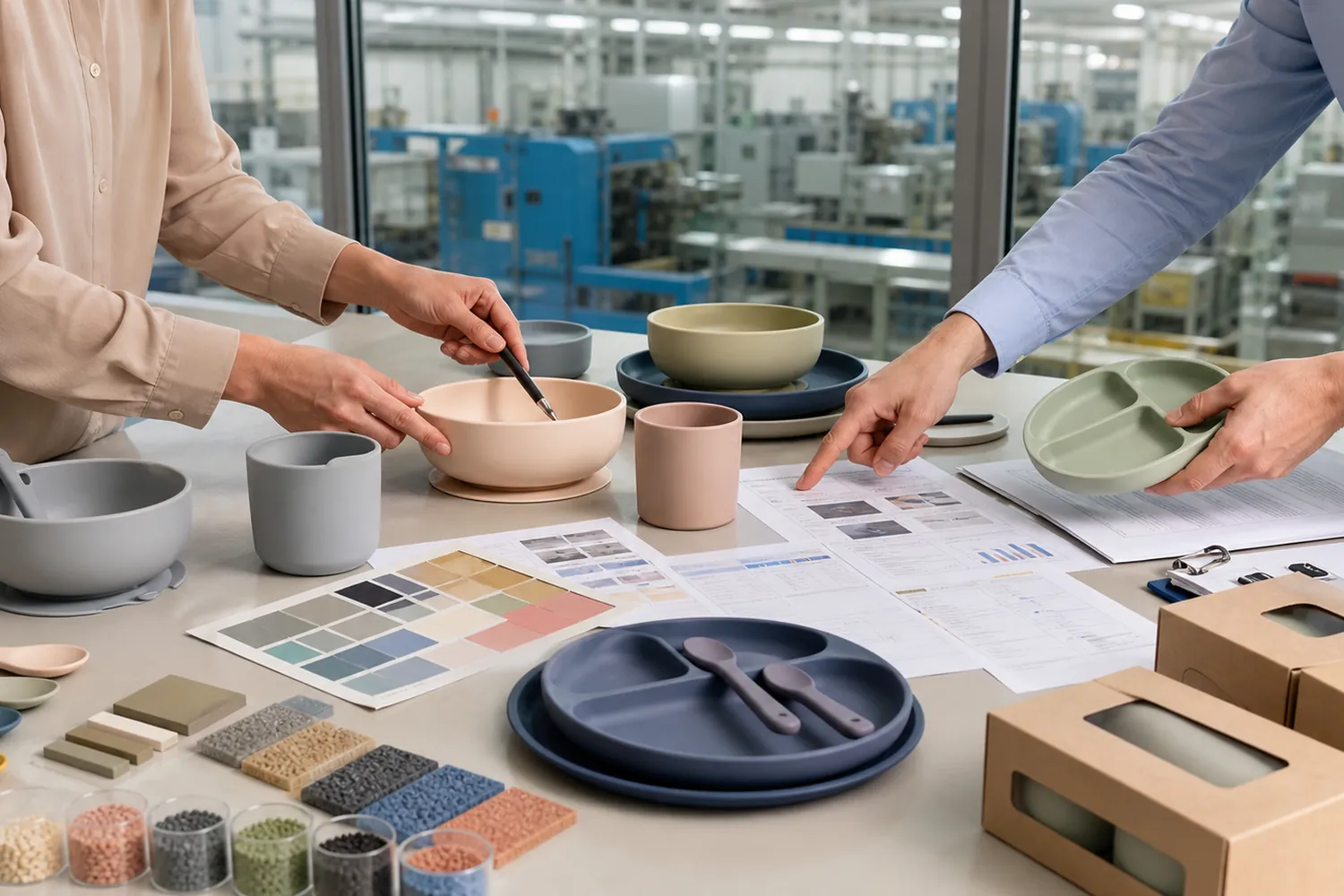 B2B buyer and factory engineer reviewing silicone tableware samples test records packaging and approved use instructions