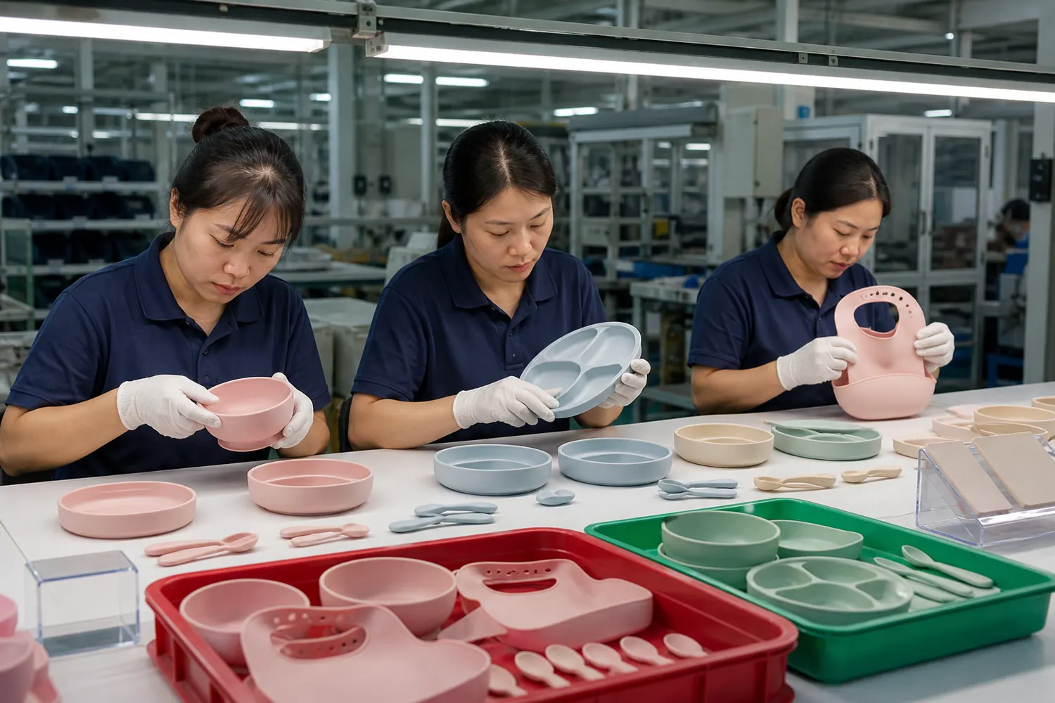 Factory quality team sorting silicone baby tableware by approved defect reference samples before packing