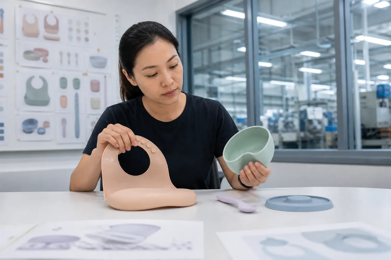 Product engineer comparing flexible silicone bibs medium hardness bowls and firmer suction bases on an inspection table