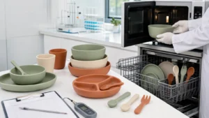 Silicone tableware microwave safe buyer review with bowls plates cups and compliance documents in a clean product laboratory