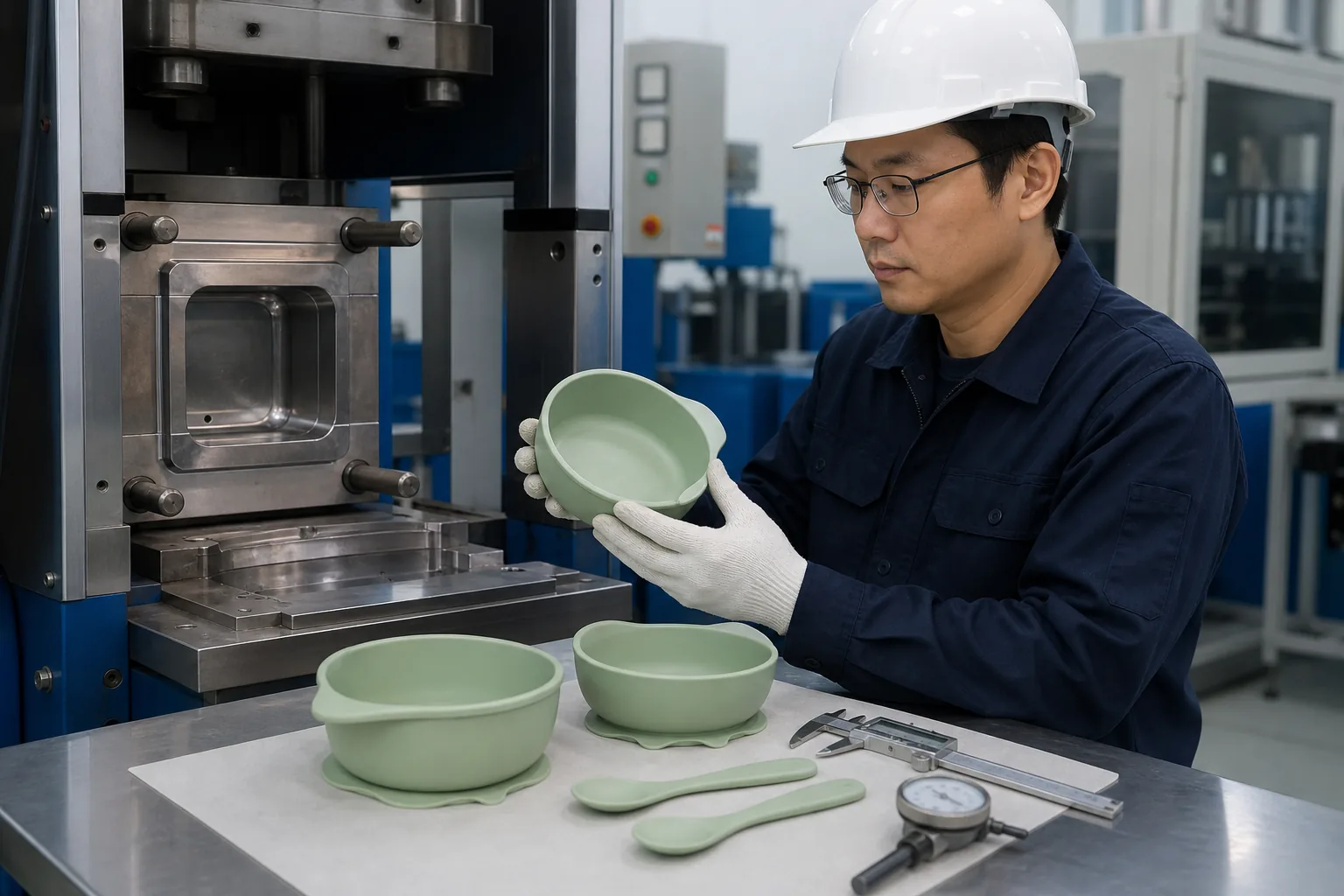Factory engineers measuring silicone tableware tooling trial samples beside approved drawings and revision notes