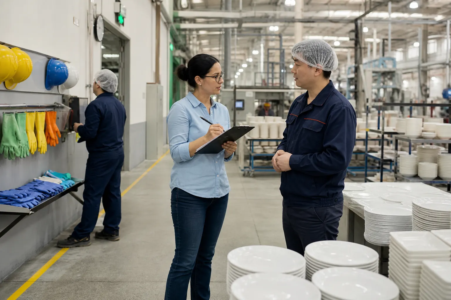 Independent auditor reviewing worker safety and PPE controls on a tableware factory floor