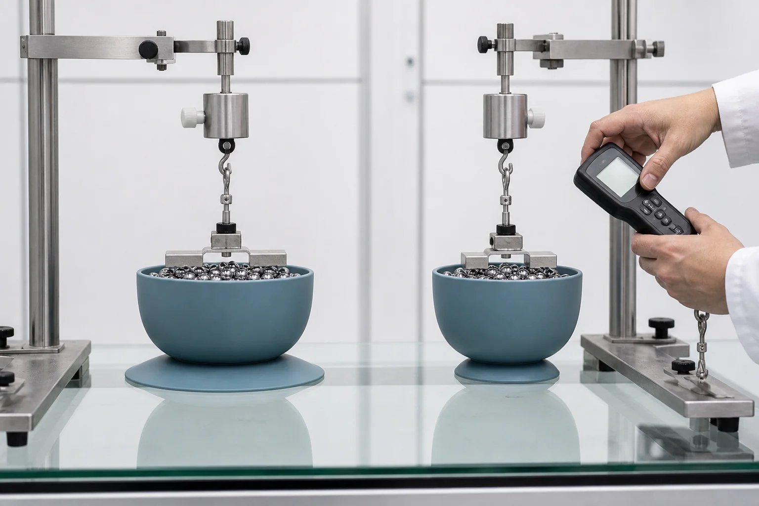 Side by side silicone suction bases tested with equal tableware loads on a level glass panel