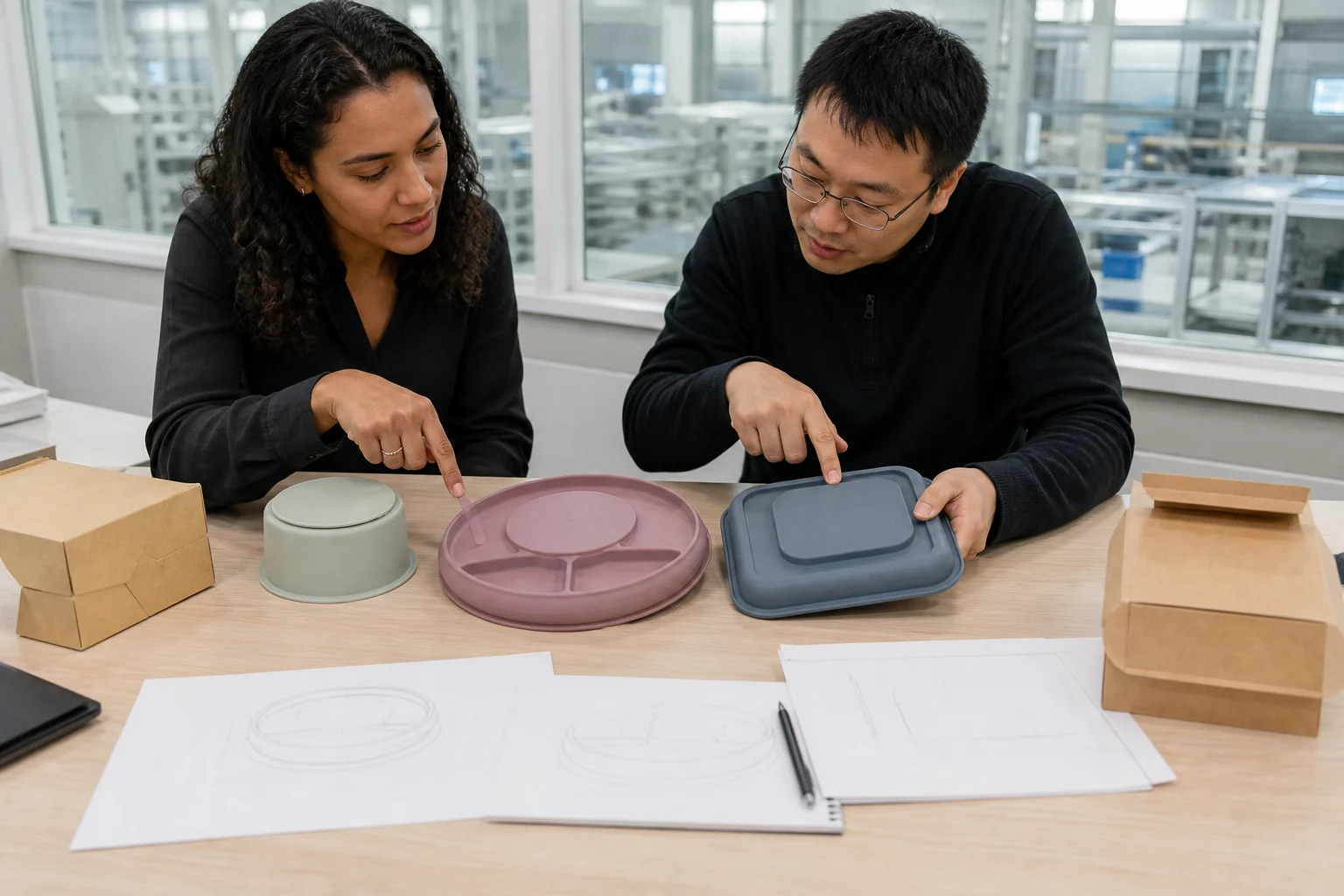 Buyer and factory engineer review suction base concepts for bowl plate and divided tray products