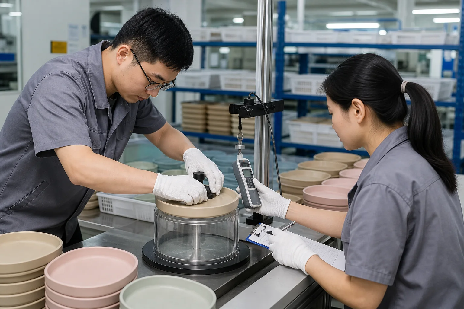 Factory quality team runs repeatable dwell pull and release checks on silicone suction plates from production lots