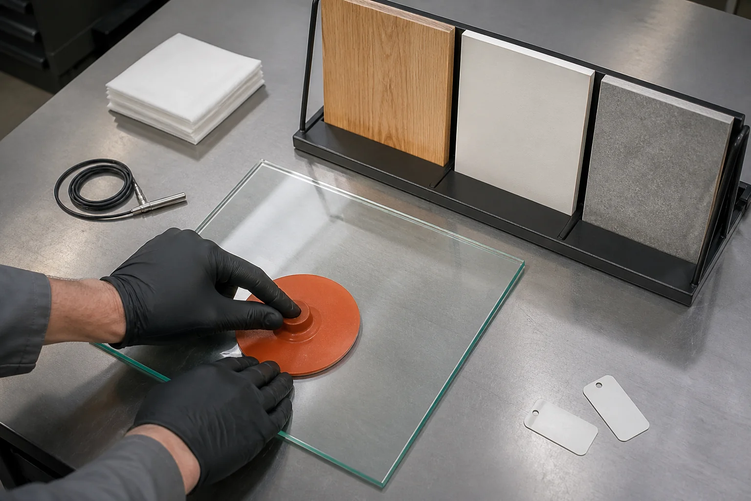Quality technician checks silicone suction plate seal on glass wood laminate and stone table panels