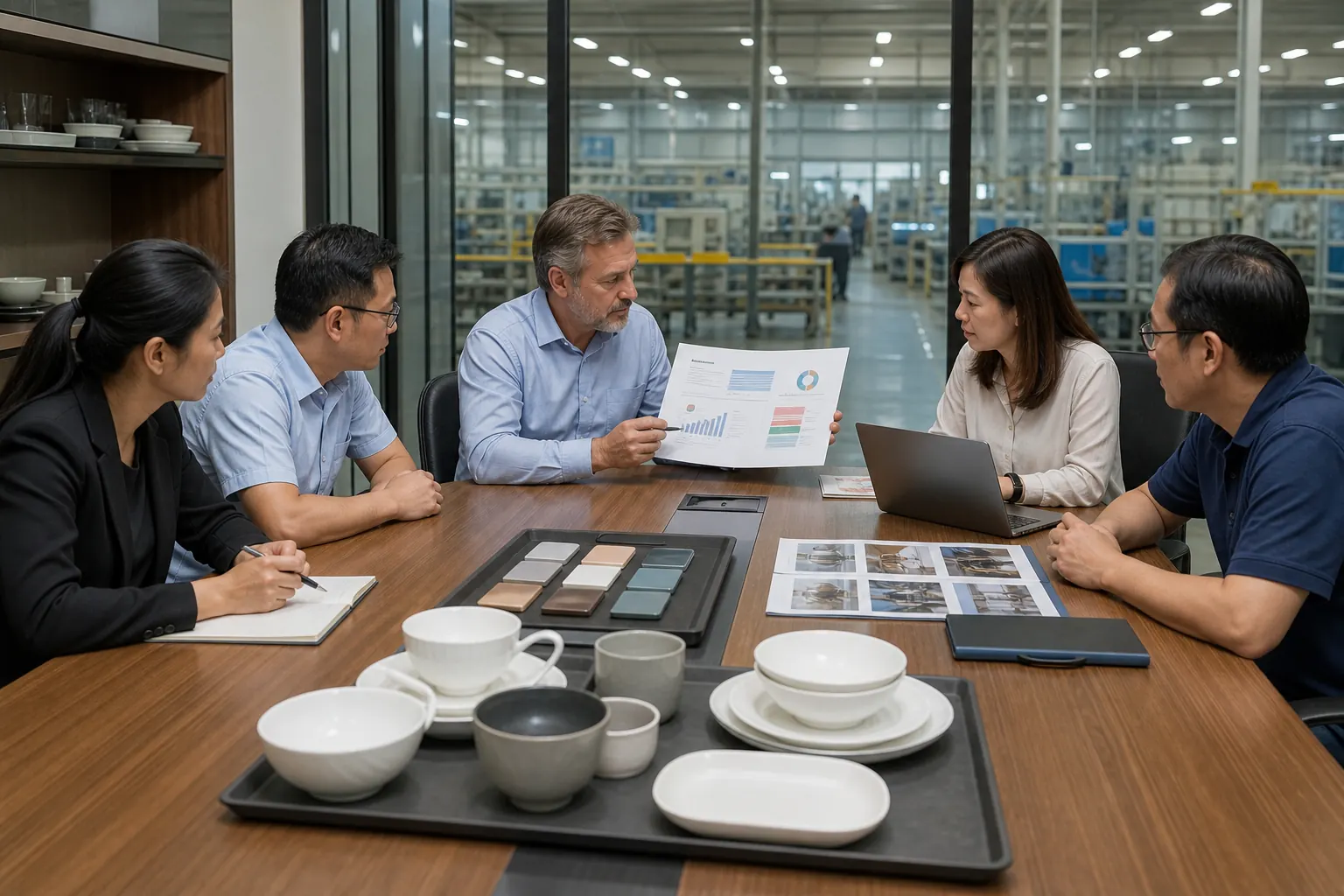 Buyer and factory management reviewing audit findings, corrective actions and tableware samples
