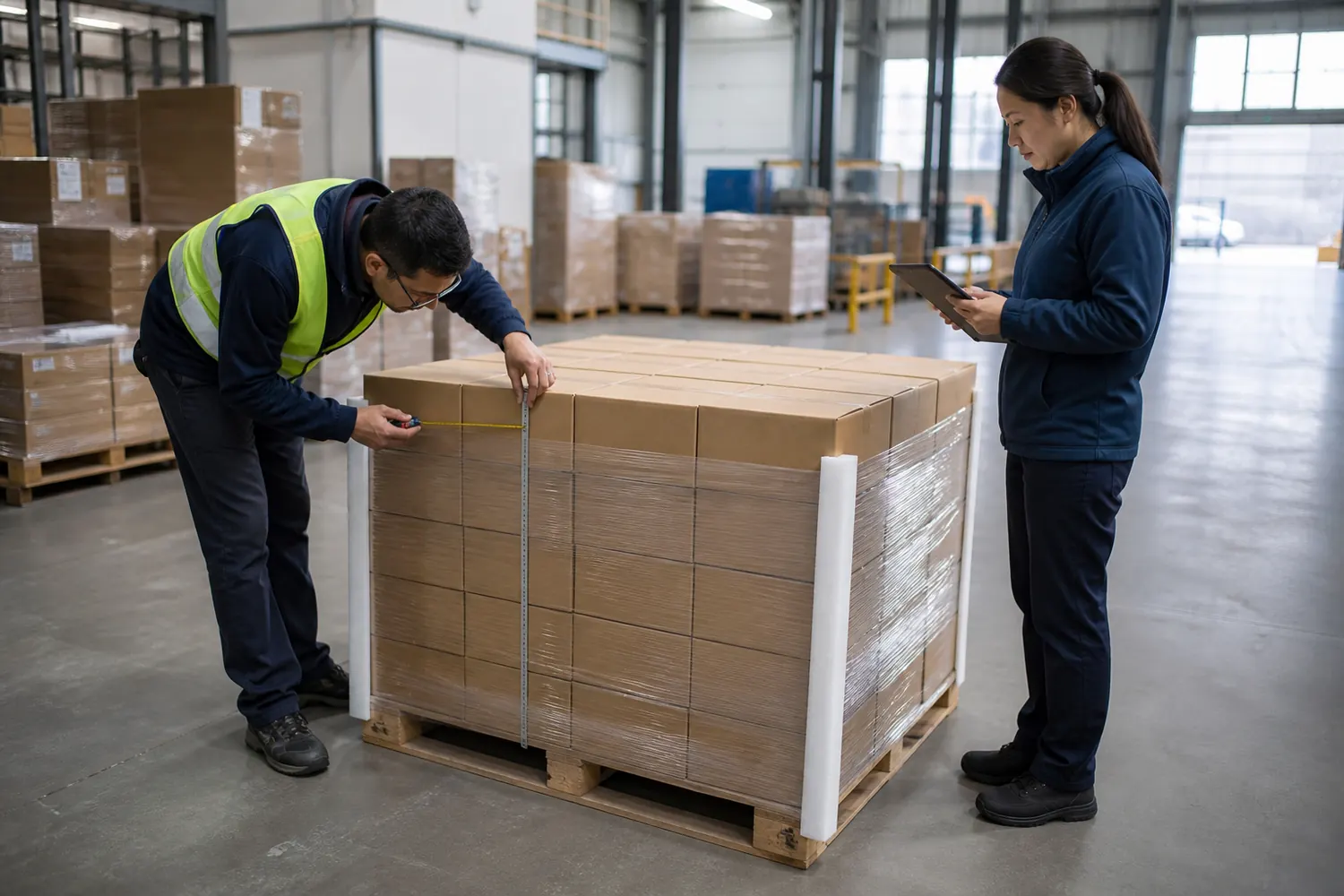 Logistics team checking master carton dimensions pallet pattern and corner protection for tableware export