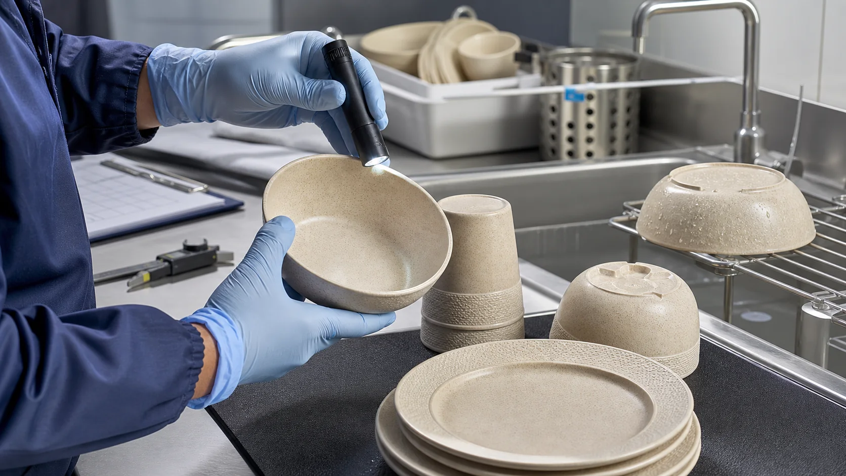Quality technician inspects rims grooves texture and cleaning access on reusable tableware