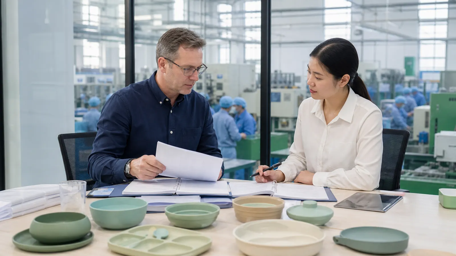 tableware factory audit - International buyer and factory quality manager reviewing tableware audit records beside a production floor