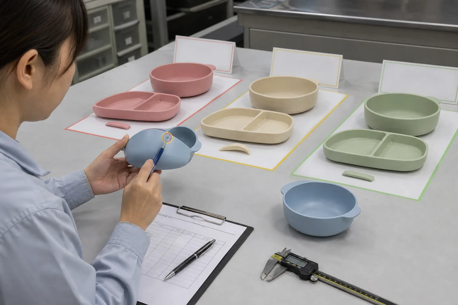 Quality inspectors comparing critical major and minor tableware defect reference samples on a factory inspection table