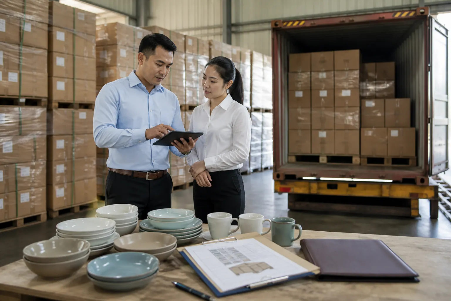 Logistics coordinators confirming a finished tableware shipment beside loaded cartons and an export container