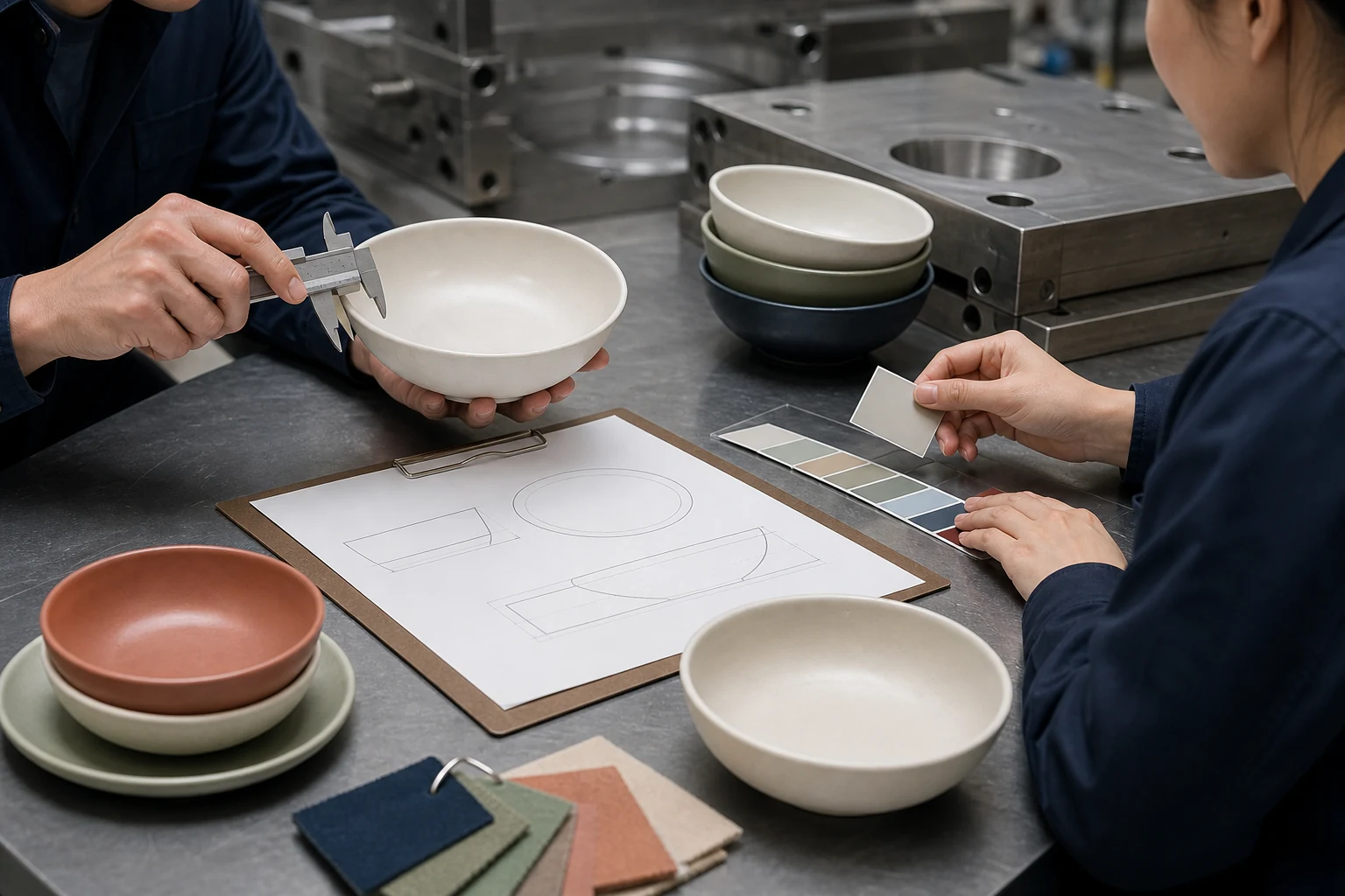 Procurement team checks shared tableware dimensions materials colors workmanship and approved supplier requirements