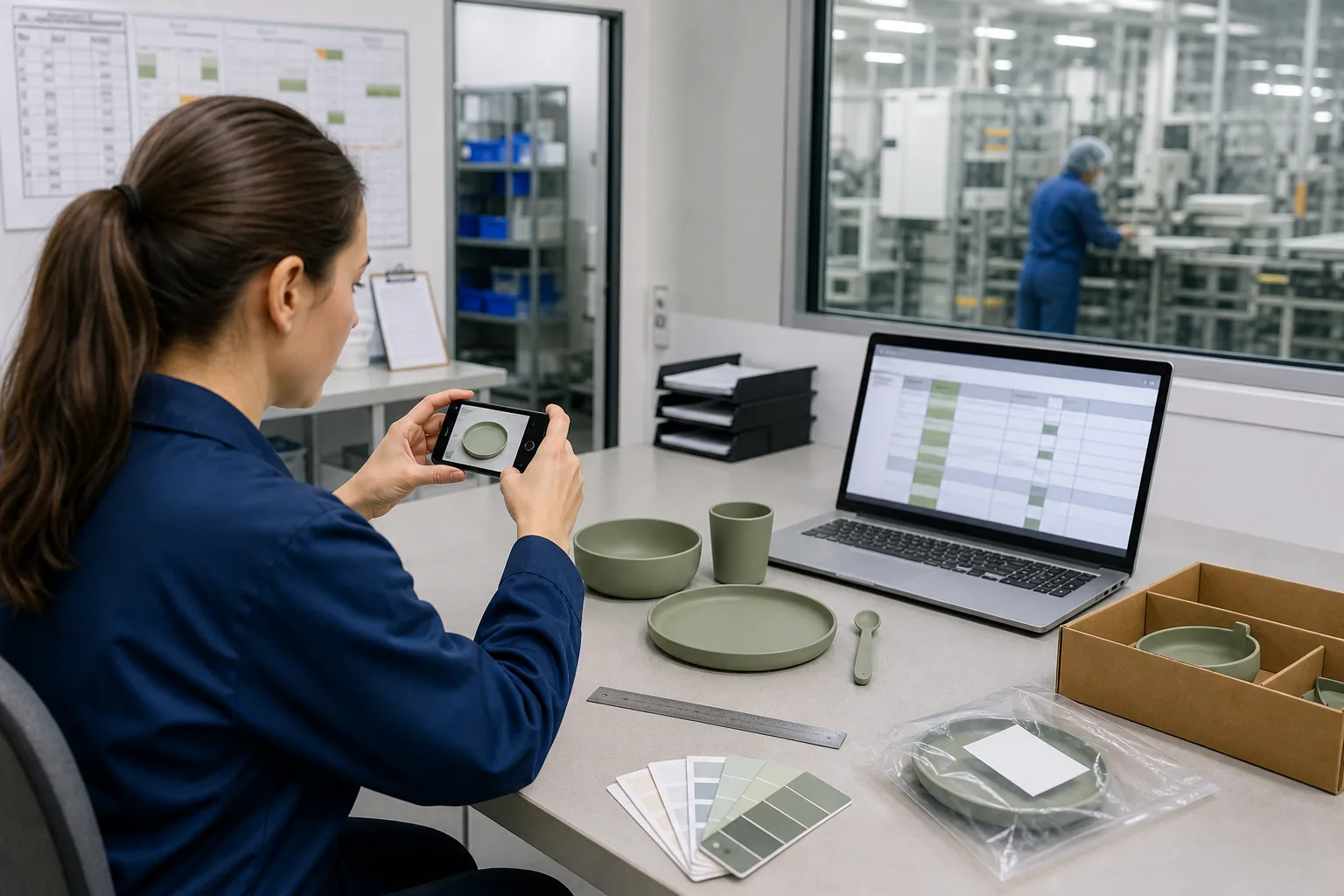 Factory quality specialist recording measured tableware defects photographs and lot identification in an inspection report