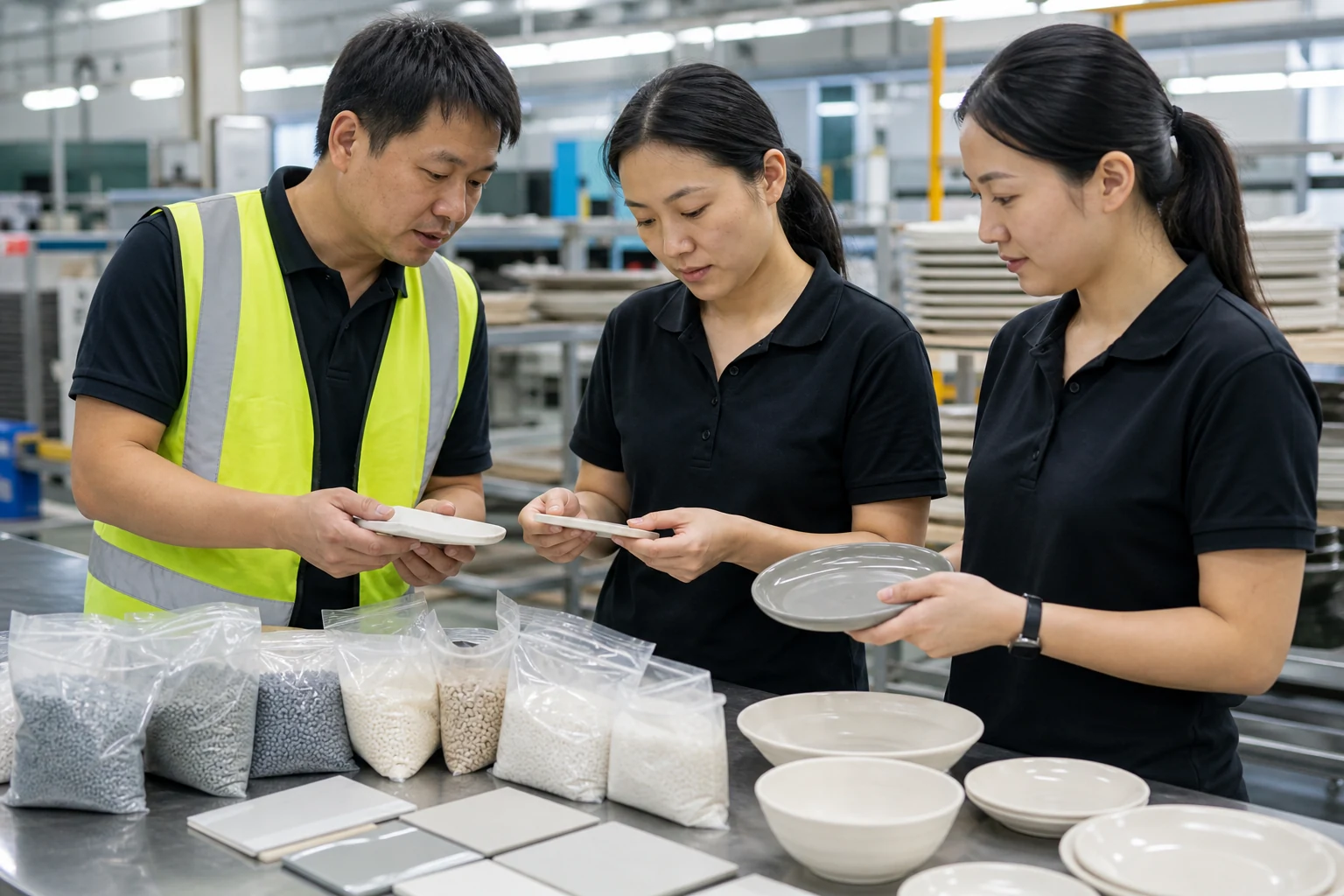 Factory quality team compares tableware resin and composite material labels with specifications supplier records and product samples