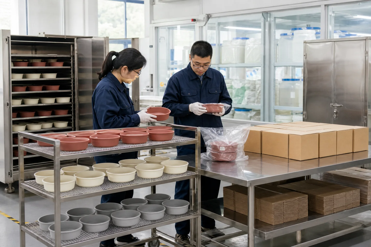 Factory quality staff inspect material storage curing cleaning and packaging controls for tableware odor risk