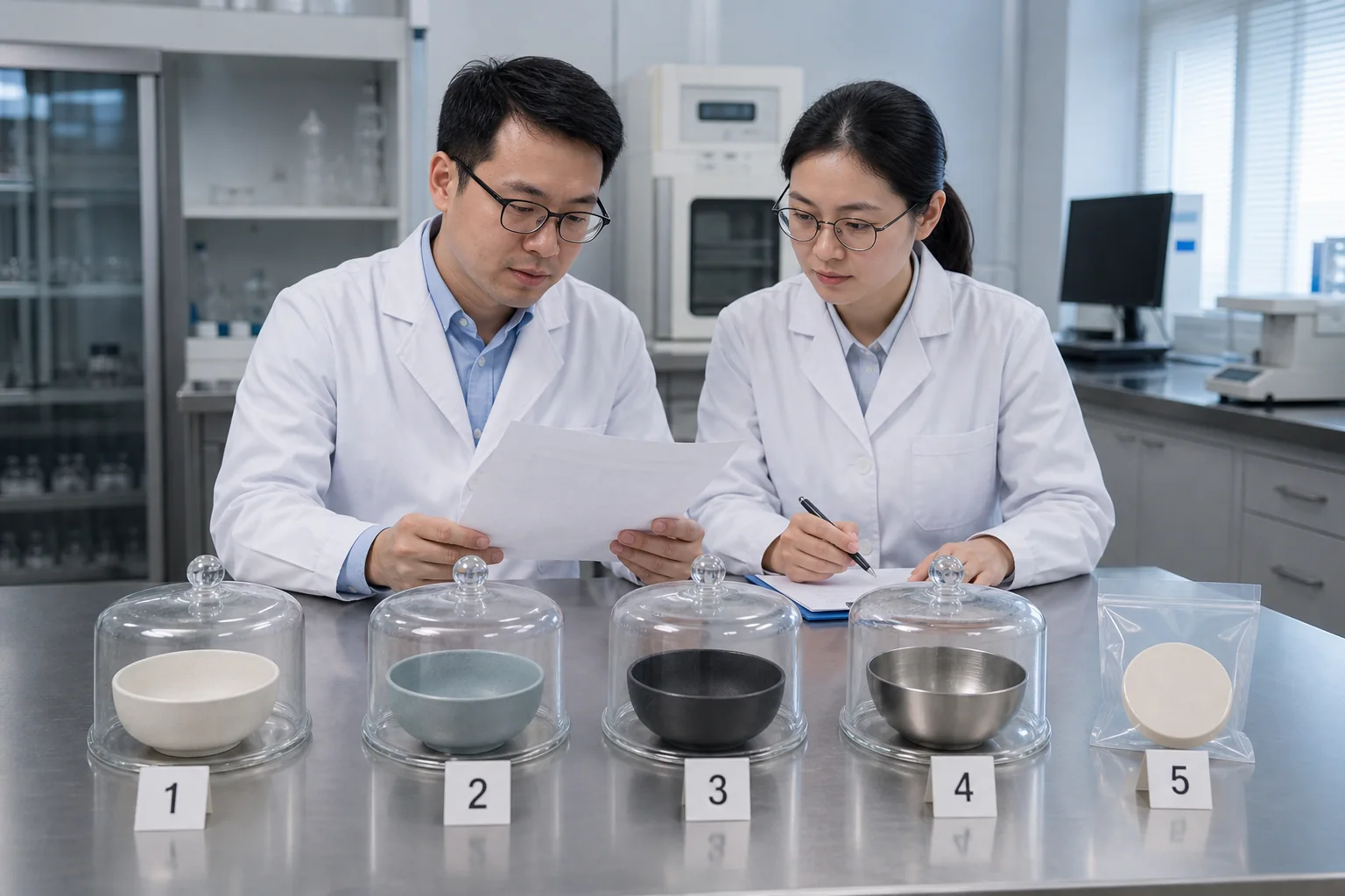 Quality team reviews tableware odor transfer test evidence beside coded food-contact samples