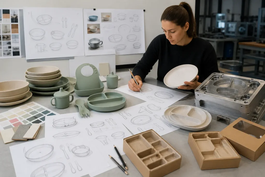 Tableware product development team reviewing silicone and wheat straw material options