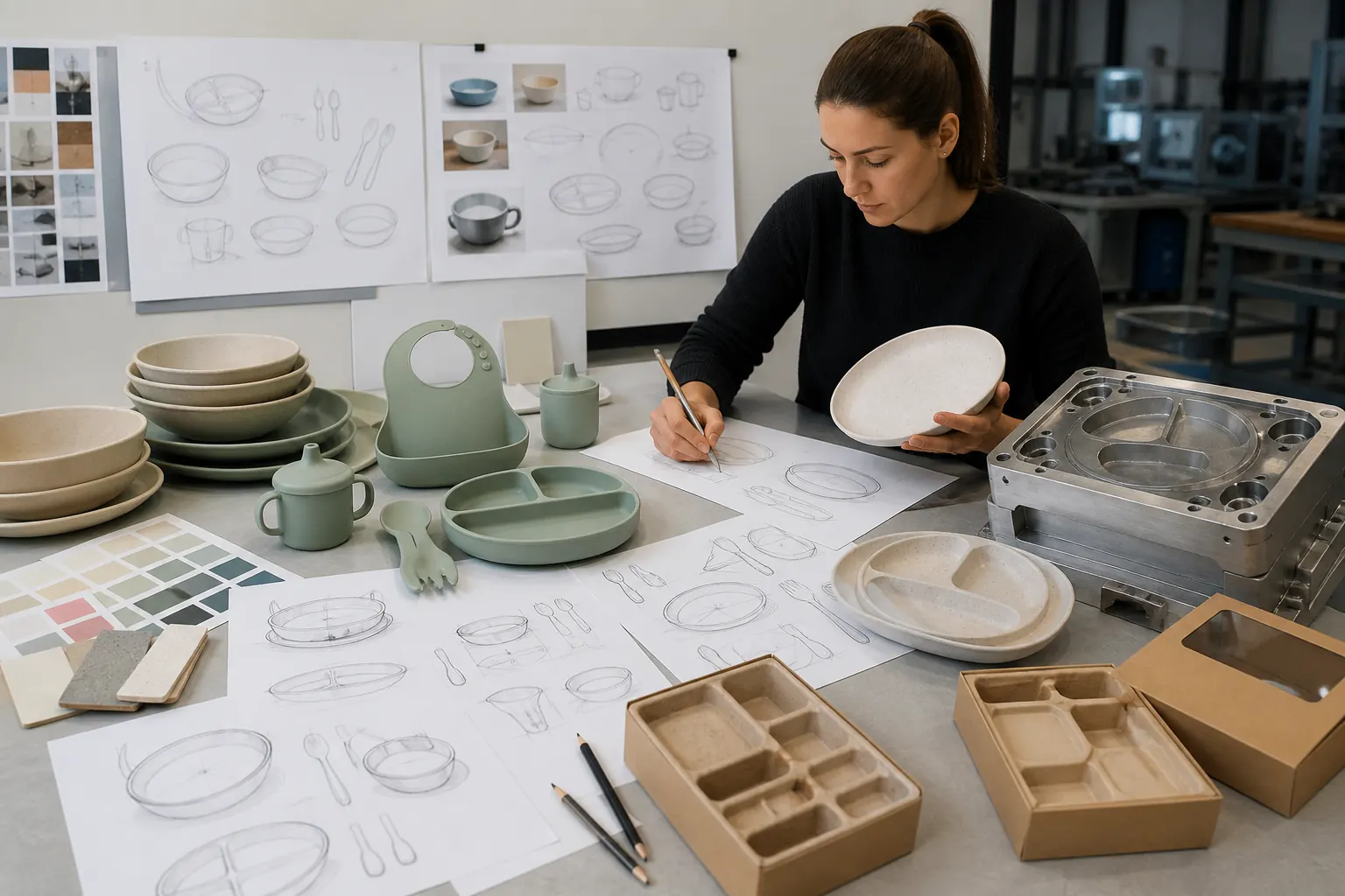 Tableware product development team reviewing silicone and wheat straw material options