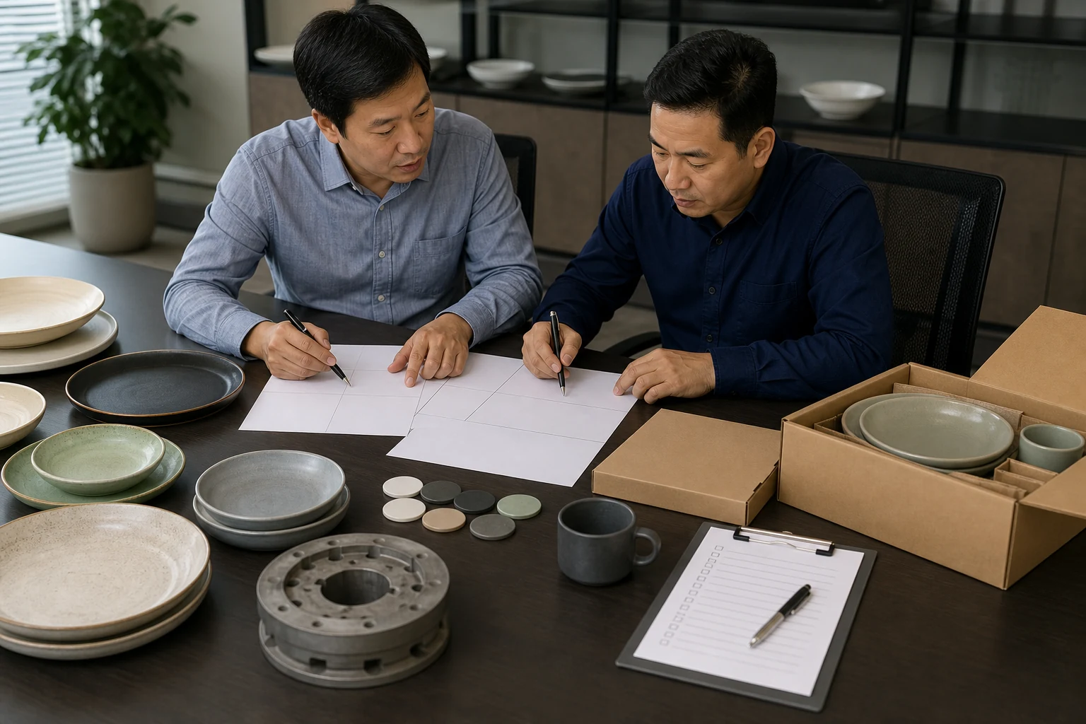 Factory sourcing team compares quantity tooling testing packaging and delivery scenarios for an OEM tableware quote