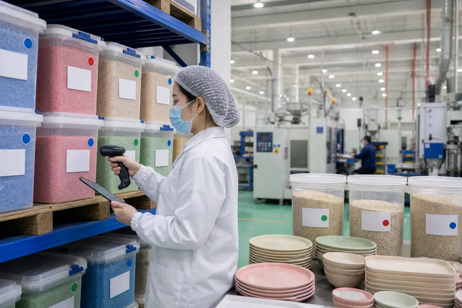 Warehouse quality inspector scanning labeled silicone and wheat straw composite material lots beside controlled storage racks