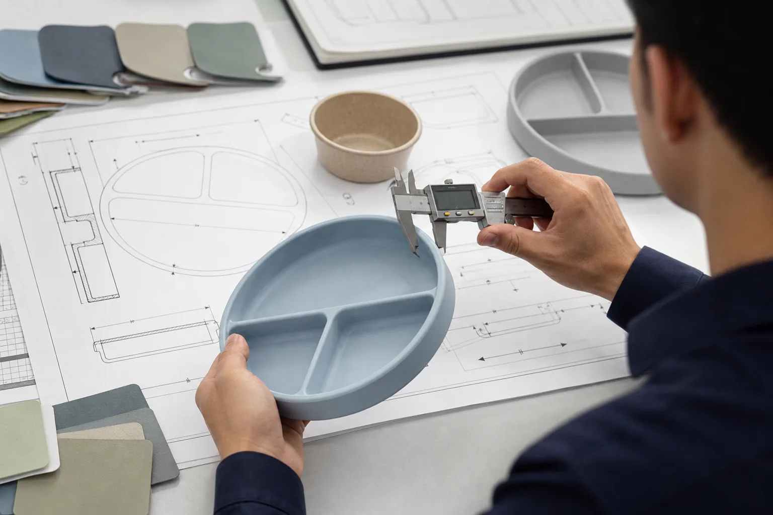 Product engineer reviewing custom tableware dimensions materials colors and drawings with a B2B project team
