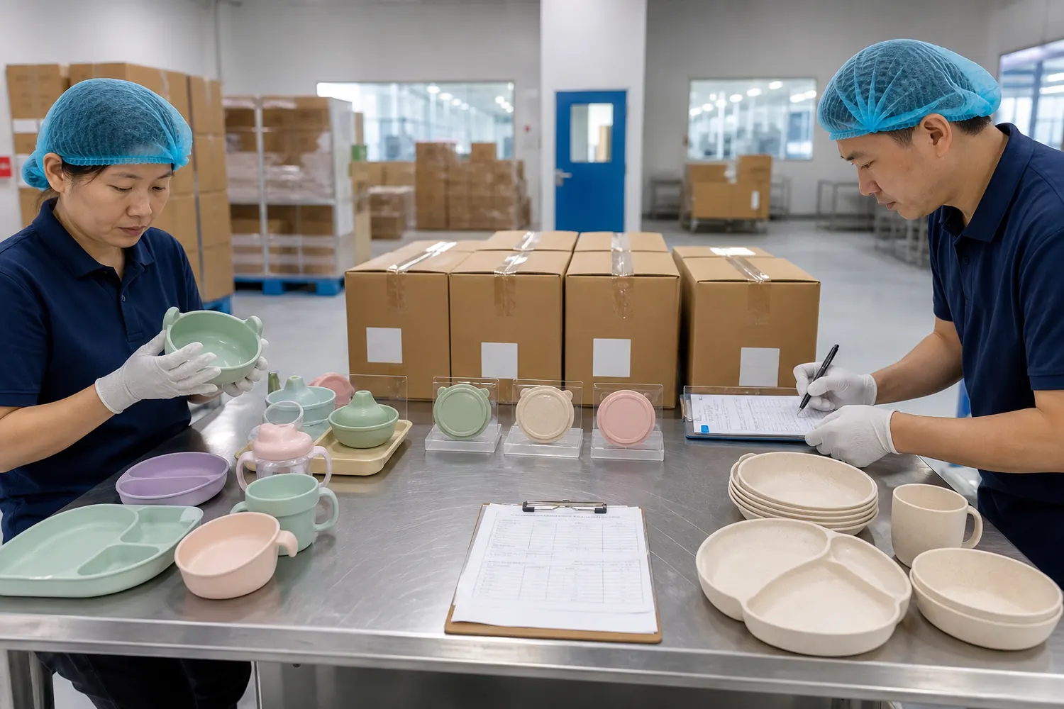 Factory quality team verifying finished tableware carton codes retained samples and shipment release records