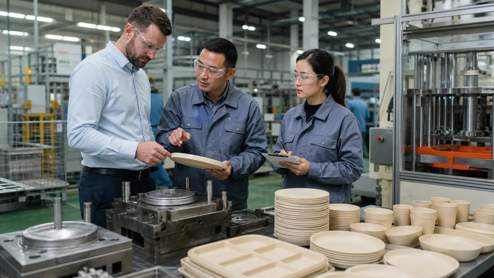tableware supplier evaluation - International buyer and factory engineers auditing tableware molds, production equipment and finished products